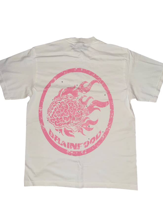White an pink graphic tee